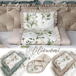 ..Komplet pościeli DO WÓZKA / Kosza Mojżesza z falbankami Jasny beż Piwonie ecru 2